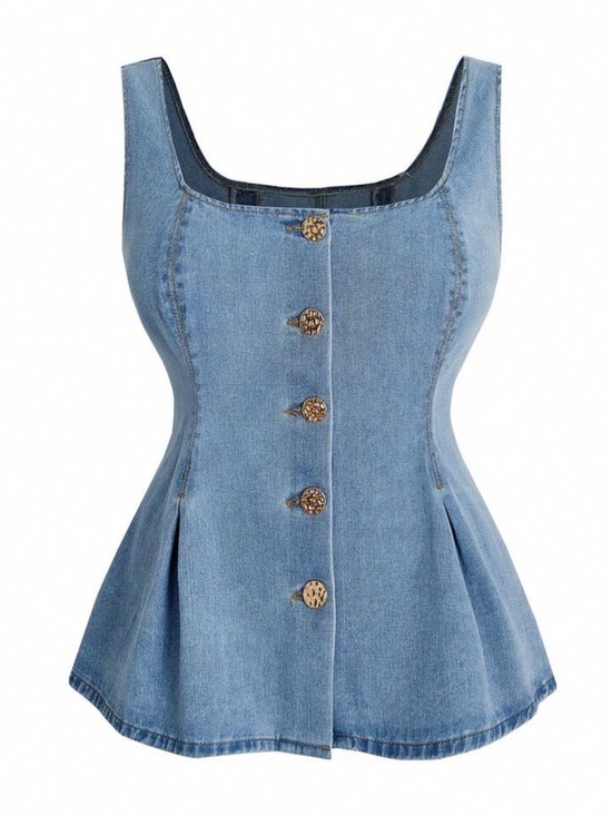Tops - Denim Button-Front Sleeveless Peplum Top - Light Wash, Sz 0XL